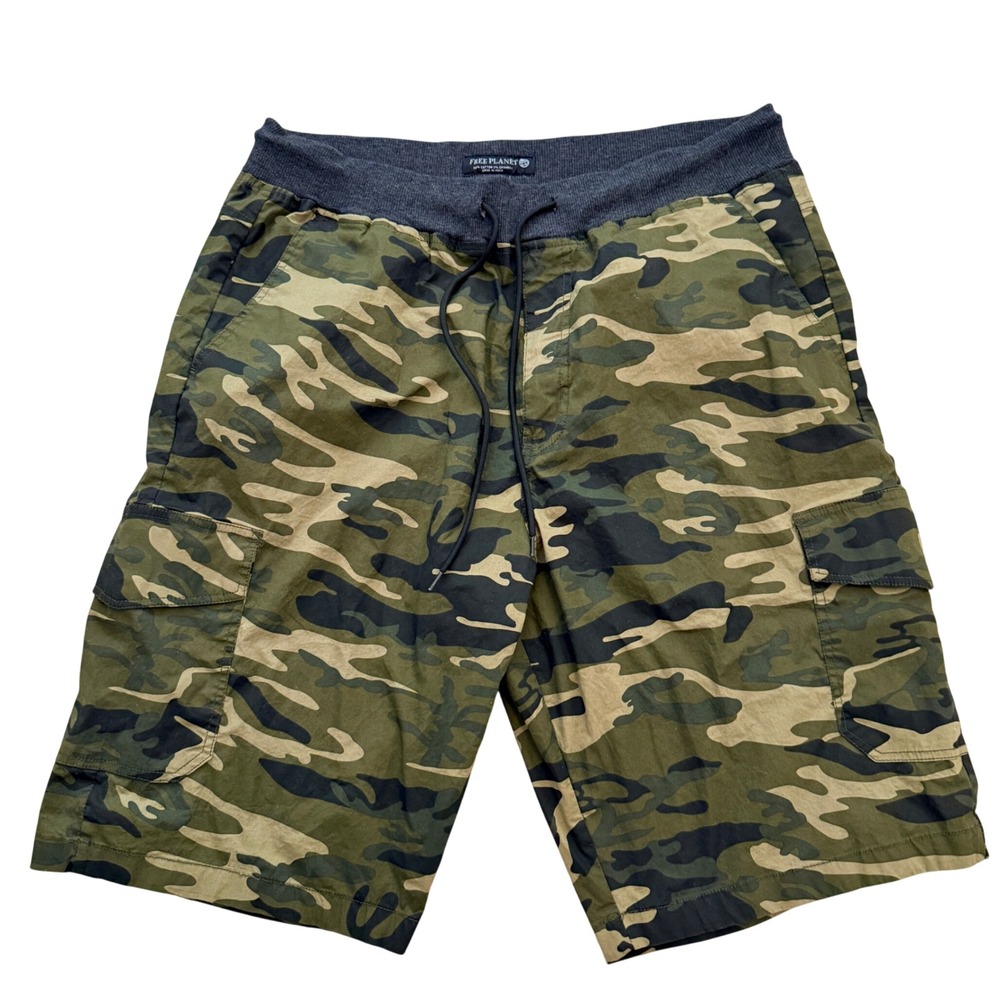Free Planet Cargo Shorts Mens 44‎ Green Camo Drawstring Waist Military Utility